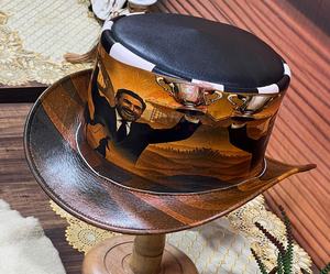 Sombrero de Copa de Cuero Pintado a Mano Personalizado, Sombrero de Vaquero Occidental Vintage, Cuero Genuino de Primera Calidad, Suministro de Fábrica OEM - Product Image 3