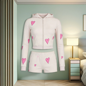 Ensemble de survêtement décontracté 2 pièces pour femme 2026, imprimé cœurs roses, comprenant un sweat à capuche court zippé et un short, idéal pour le quotidien - Product Image 3