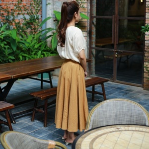 <b>Women's</b> Elegant Casual XS Size Linen Rayon <b>Skirt</b> Natural Wide Woven Fabric Wide Waistband Side Pockets Plaid Breathable A-Line - Product Image 1