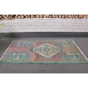 Alfombra Turca Vintage de 1.5x3.1 pies (47x94 cm), Alfombra Persa Azul de Lana - Product Image 1