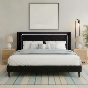 Letto <span class=keywords><strong>Matrimoniale</strong></span> Moderno di Lusso in Velluto Nero, Imbottito, per Arredamento Camera da Letto d'Hotel - Vendita all'Ingrosso - Product Image 1