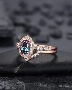 Oval Alexandrite Luxury Certified <b>Ring</b> <b>Set</b> 925 Sterling Silver 14K Rose <b>Gold</b> Prong Setting Engagement Wedding <b>Ring</b> Color - Product Image 3