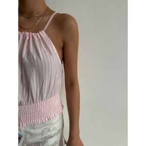 Blusa Elegante TOPSHOW Rosa con Cuello Halter y Lazos, de Poliéster Sólido para Mujer, Ropa Casual de Verano - Product Image 3