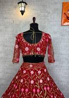 Gaun pengantin wanita merah berbordir tebal, panjang hingga mata kaki, dengan dupatta, cocok untuk pesta pernikahan, pelindung dari sinar matahari, cepat kering, dan anti kusut.