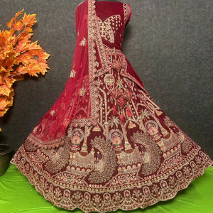 ชุดเลเฮนกาโชลีกำมะหยี่พรีเมียมทันสมัยสำหรับฤดูหนาว ยาว 5 เมตร งานปักจารakan หนัก 12 ลาย พร้อมผ้าคลุมสองชั้นแบบดับเบิ้ลดูพัตตา ขอบลายบุตติ หลายสี - Product Image 1