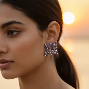 Boucles d'oreilles clous vintage tendance pour femme en or 14 carats, motif floral géométrique, avec zircon diamant et perle, pour fiançailles - Product Image 3