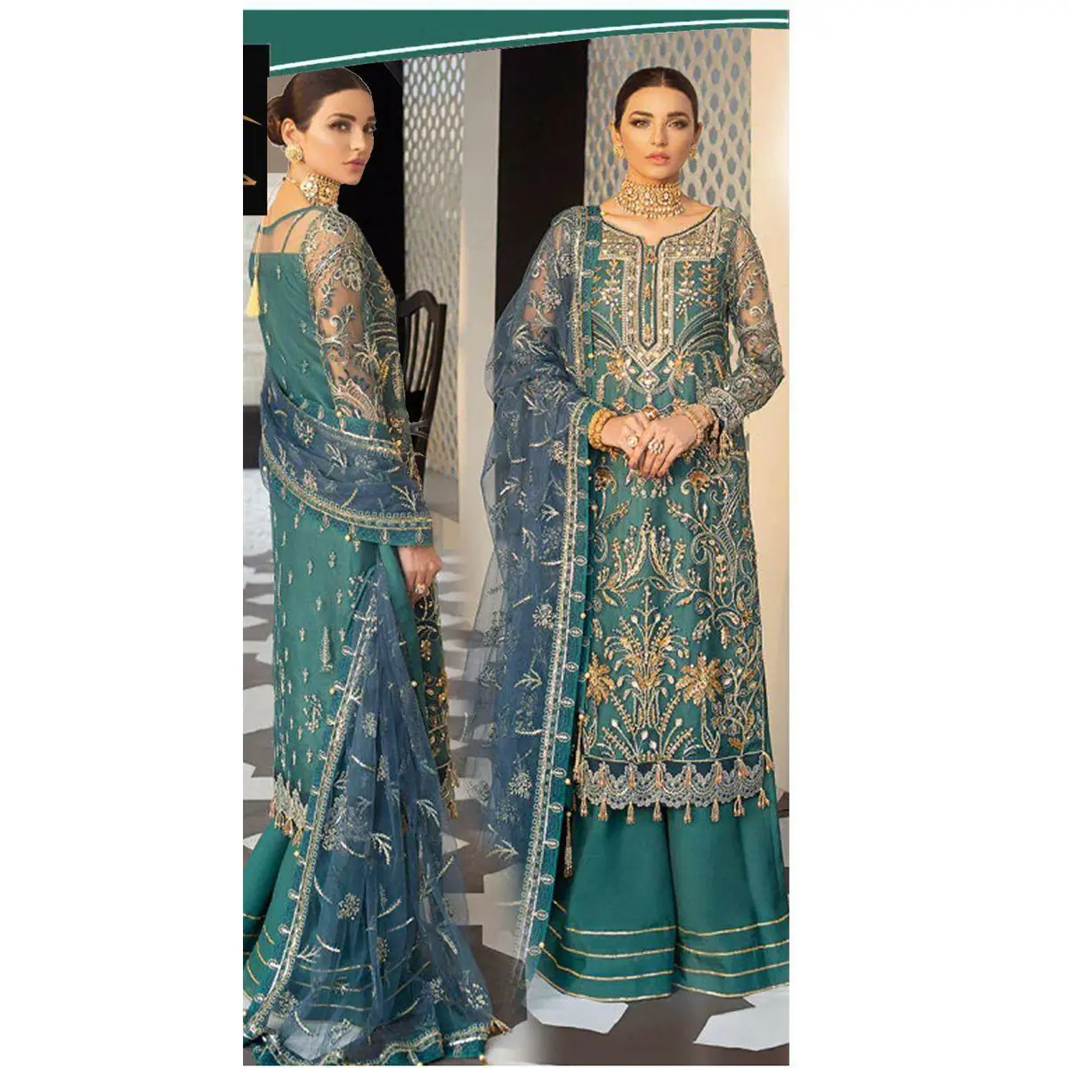 Party wear dresses for women Pakistani at Net Fabric Embroidered & handwork And dupatta with Silk Border work and Silk Trouser