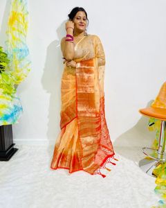 Organze üzerinde benzersiz işlemeli iş sarees ile moda kutlamak, zengin bir süslenmiş bluz ile tamamlandı.
