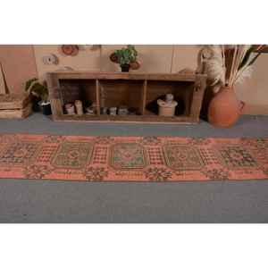 Alfombra de área grande de lana turca Vintage auténtica, 23x10,6 pies, diseño de retazos rosa y verde para sala de estar, pasillo, tejido de látex - Product Image 4