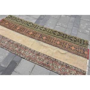 Tapis en laine turque vintage de 3.3x7.8 pieds, beige, vert, patchwork, technique de tissage à plat pour décoration de salon, largeur 4m, latex - Product Image 2