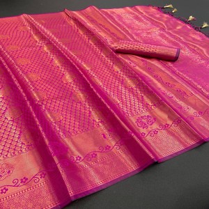 Sari en soie Banarasi élégant et doux avec des fils de cuivre sur toute la surface et un tissage jacquard, vêtement ethnique haut de gamme pour les occasions spéciales - Product Image 4