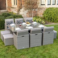 Ensemble de salle à manger d'extérieur 13 pièces en rotin PE avec plateau en verre, structure en aluminium inoxydable, design moderne pour hôtels, parcs, cours et appartements