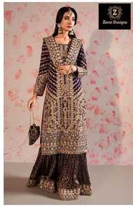 Semi-Stitched Fancy Indian <b>Clothes</b> Salwar Kameez Embroidered Coding <b>Work</b> Jacquard Bottoms Full-Size Velvet Dupatta Formal Wear - Product Image 2