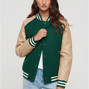 Chaqueta de Béisbol Personalizada con Mangas de Cuero y Logotipo Bordado en Chenille, Chaqueta Varsity para Mujer, 100% Algodón, Cuerpo de Lana, Gruesa - Product Image 1