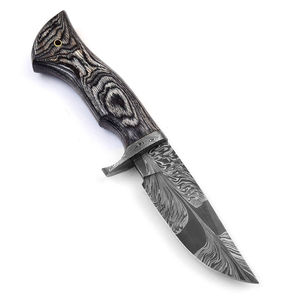 Couteau de chasse en acier Damas fait main sur mesure, motif plume, lame pleine, manche en Pakkawood, étui en cuir, support OEM - Product Image 3