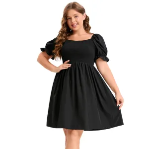 Personalizado Moda Feminina Vestuário Mulheres Vestido Puff Manga Praça Pescoço Vestido Malha Shirred OEM Fabricante