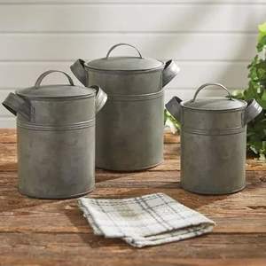 Galvanized <b>Canister</b> <b>Set</b> With Farmhouse Style Print And Rustic Texture Ideal For Organizing Ingredients On Open Shelves - Product Image 5