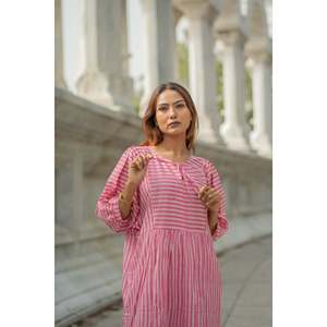 Cotton Midi <b>Dress</b> <b>with</b> Stripe Hand Block Print Boho Artisan Style Oversized Long Sleeves Loose Fit <b>Pockets</b> ODM 5XL Bridesmaid - Product Image 1