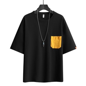 เสื้อยืดผ้าฝ้ายถักแขนสั้นสำหรับผู้ชายทรงพอดีตัวมีกระเป๋าสีตัดกันแฟชั่นฤดูร้อน - Product Image 4