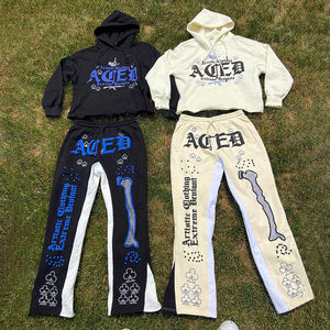 Sweat à capuche personnalisé épais 500gsm 100% coton imprimé bouffant polaire Baggy empilé pantalon de survêtement évasé et ensemble sweat à capuche survêtement pour hommes - Product Image 1