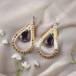 Boucles d'oreilles en améthyste faites à la main, forme de poire, argent sterling, bijoux bicolores, cadeau élégant pour femmes, design bohème - Product Image 4