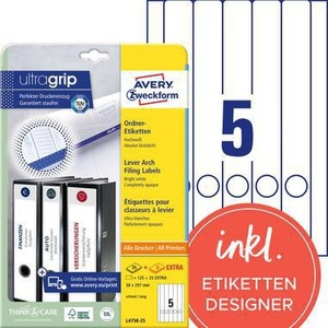 Etiquetas Autoadhesivas para Columnas de Archivo Avery Zweckform Ultragrip, Largas/Estrechas, 38 x 297 mm, Blancas, 150 Etiquetas/Paquete, para Uso en Oficina - Product Image 1