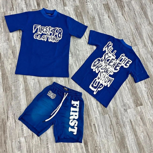 Ensemble de survêtement pour hommes en deux pièces avec logo imprimé personnalisé en usine, t-shirt et short graphiques pour hommes, ensemble de survêtement d'été pour hommes - Product Image 1