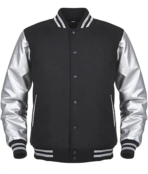 silver sleeve cowhide metallic sleeves baseball letterman varsity jacket for men wholesale