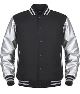 Veste universitaire en cuir de vachette métallisé à manches argentées pour hommes, tissu de laine d'hiver, broderie à capuche, décoration style Letterman, vente en gros - Product Image 1