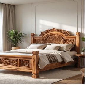 Cama vintage de madera con adornos y luces LED cálidas. Estilo de lujo disponible a precios de mayoreo. - Product Image 4