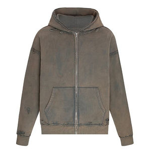 Venta al por mayor a granel vintage Wash zip up HOODIE hombres RAW Edge personalizado desgastado en blanco cremallera sudaderas con capucha 100% algodón polar personalización - Product Image 5