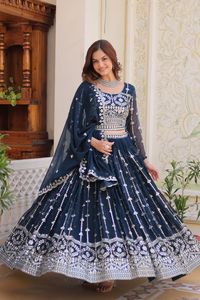2024 verano Heavy Fox Georgette fiesta informal para niñas Lehenga Choli hasta el suelo tejido estampado Festival bordado secuencia lavable - Product Image 2