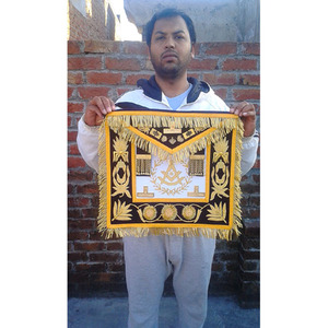 MASONIC PAST MASTER BORDADO A MANO DELANTAL PUÑO Y COLLAR MATCH BLUE TERCIOPELO Grand Inspector French National Grand - Product Image 3