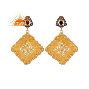 CZ Black Onyx Gemstone Earrings Brushed Finish 22k Gold Plated Silver Dangle Drop Earrings Jewelry Wholesale - Product Image 3