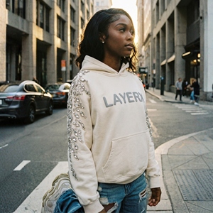 Sudadera con capucha de invierno para mujer, estilo urbano, de algodón de 500 g/m², con estampado puff, lavado ácido, gráfico de gemas, pedrería y cristales, efecto desgastado - Product Image 5