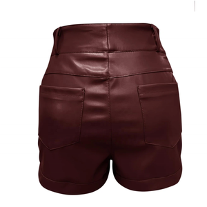 Shorts de Cuero PU de Cintura Alta para Mujer, Color Sólido, Cierre de Botones, Estilo Casual, Corte Regular, Pantalones Cortos Color Marrón Oscuro - Product Image 2