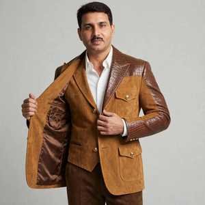Brown Animal Print Casual Finished <b>Men's</b> PU Leather <b>Suede</b> Look Blazer <b>Jacket</b> Contrast Panel Patchwork Detail Turn-down Collar - Product Image 1