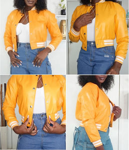 Chaqueta universitaria recortada de cuero y lana de primera calidad para mujer con características transpirables impermeables y cortavientos de manga larga - Product Image 2