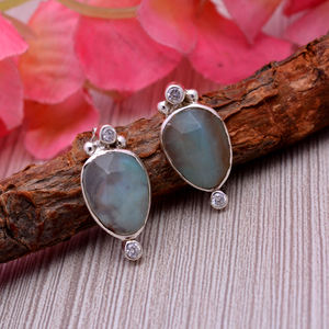 Natural Aquaprase 13X11mm Gemstone Cz <b>Set</b> Silver Bezel Stud Earring 5.51 Gms Handmade Wedding Bezel <b>Jewellery</b> Christmas Gift - Product Image 3