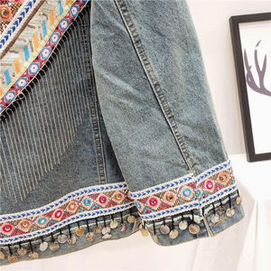 Chaqueta Vaquera Azul de Diseño para Mujer, Estilo Y2K, Bordado, Borlas, Cadena, Lavado al Agua, Casual, Talla Grande, con Algodón Grueso - Product Image 4