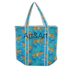 Sac fourre-tout vintage en coton indien fait main imprimé au bloc, motif jungle, avec deux anses, pour femme - Product Image 6