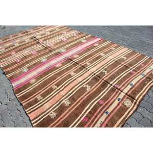 Turkish 7.1x12.3 ft Rug, Oversize Vintage Rug, <b>Brown</b> Pink Floral <b>Wool</b> Rug - Product Image 2