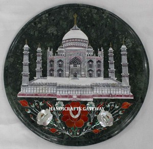 Mesa de comedor de trabajo con diseño de incrustaciones de Taj Mahal de mármol verde de calidad superior Pietra Dura School College Use mesa con incrustaciones de mármol - Product Image 1