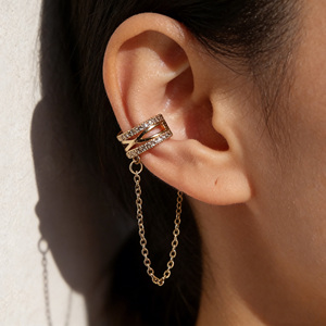 Boucles d'oreilles pendantes unisexes en acier inoxydable plaqué or 18 carats avec double chaîne et zircon - Product Image 2