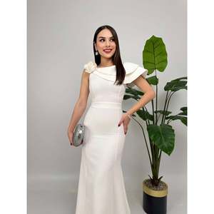 missJANELL Vestido largo floral blanco con volantes en los hombros para mujer, elegante vestido largo de mezcla de poliéster y elastano - Product Image 2