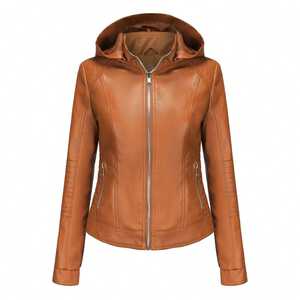 Veste en cuir pour femme, coupe ajustée, style fermeture éclair, avec capuche amovible, col montant, manches longues, veste en cuir chaude pour l'hiver - Product Image 4