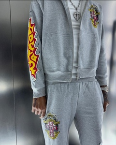 Ensemble de jogging personnalisé pour hommes, survêtement vintage en coton délavé à l'acide, pantalon de survêtement évasé avec broderie et appliques, ensemble de sweat à capuche zippé - Product Image 4