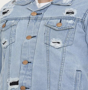High Street <b>Men's</b> Top Selling Denim Jacket 100% Cotton Washable Fitted Ripped Design Snap Collar Hand <b>Warmer</b> Pockets for Winter - Product Image 5