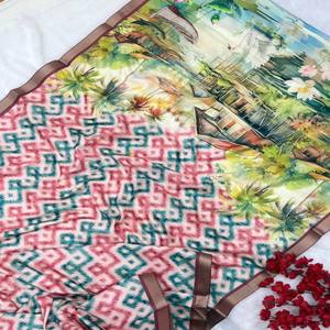 VASTRA COTTAGE Original Manipuram Silk <b>Saree</b> with Ikkat Print Gold Zari Woven Border Inspired Digital Pallu with Contrast Blouse - Product Image 5