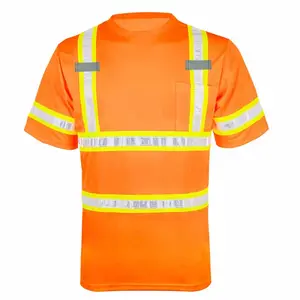 เสื้อนิรภัยสำหรับใส่ทำงานเสื้อไฮวิสแขนสั้นสำหรับงานก่อสร้างสีส้มเรืองแสง